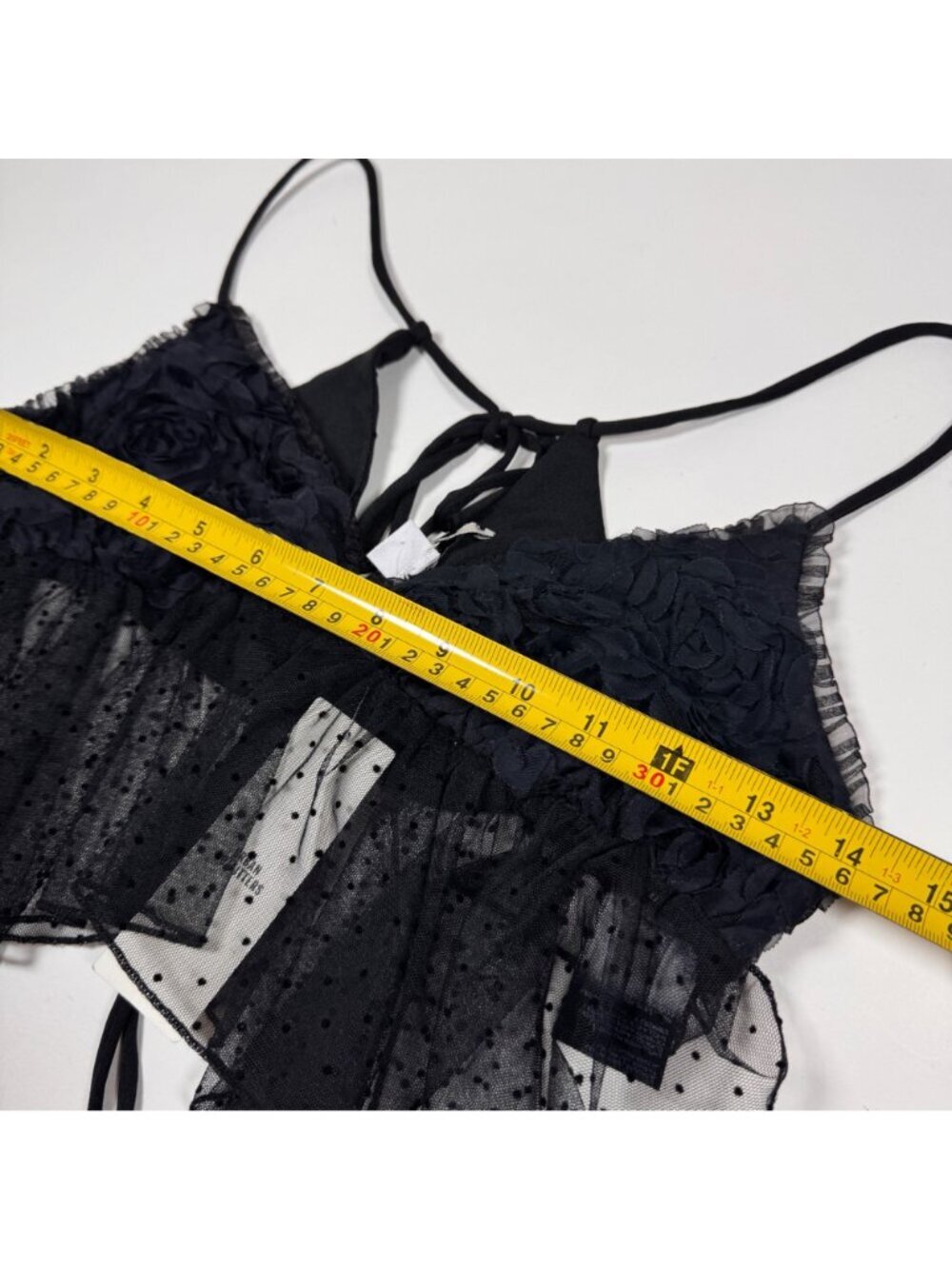NEW Kimchi Blue Black Lace Asymmetric Babydoll Crop Top Sz S 3D Flower Ethereal - Picture 9 of 15
